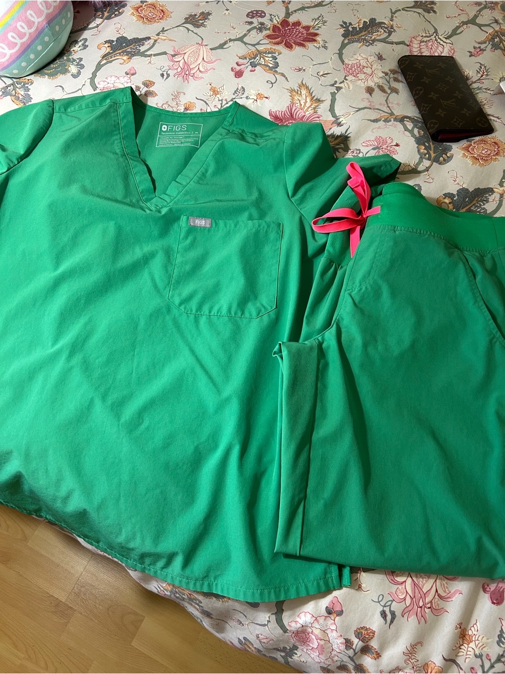 Figs Green Scrub Top and Pants with Pink Drawstring